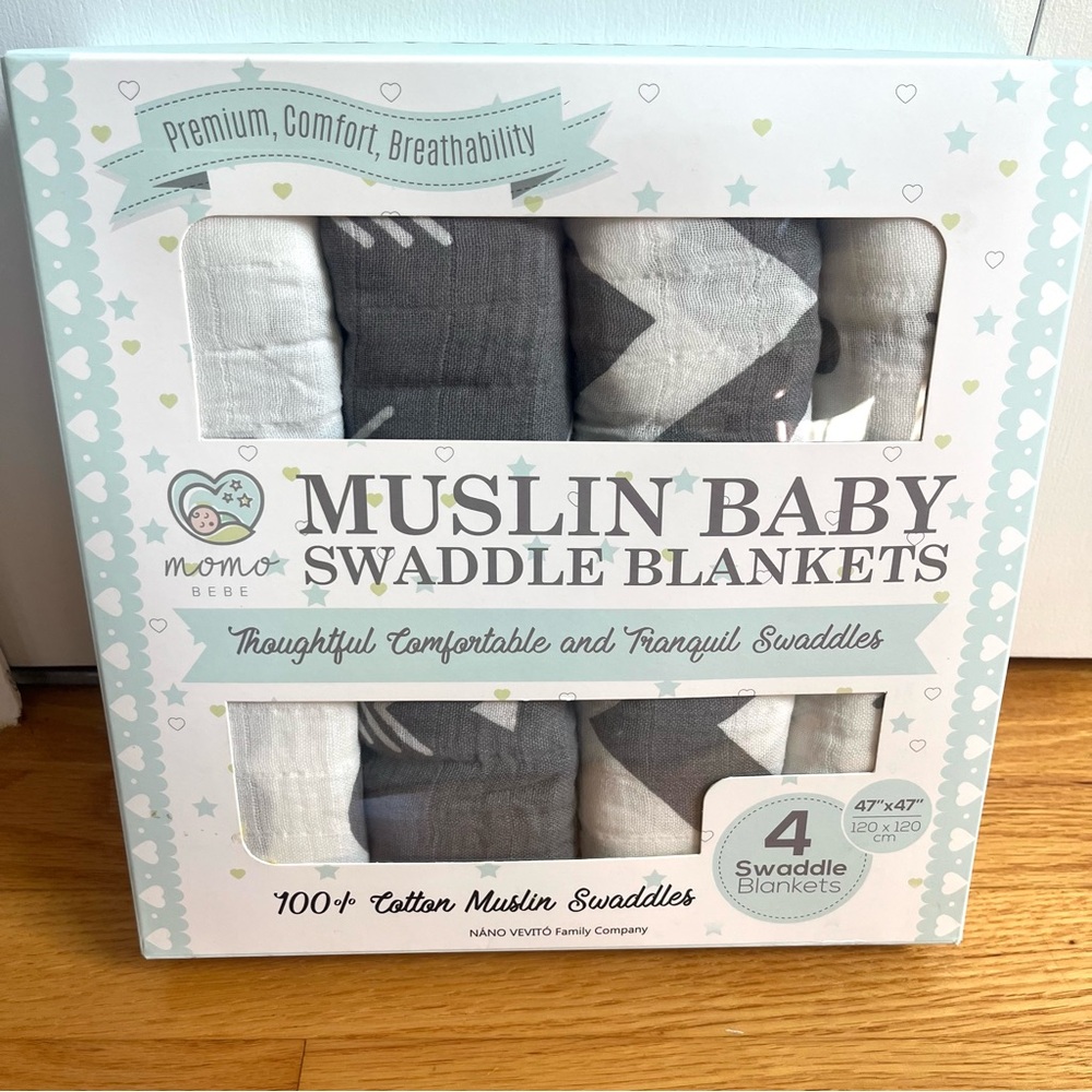NEW WITH TAGS Momo Bebe Baby Set of 4 Gray Muslin Swaddle Blankets